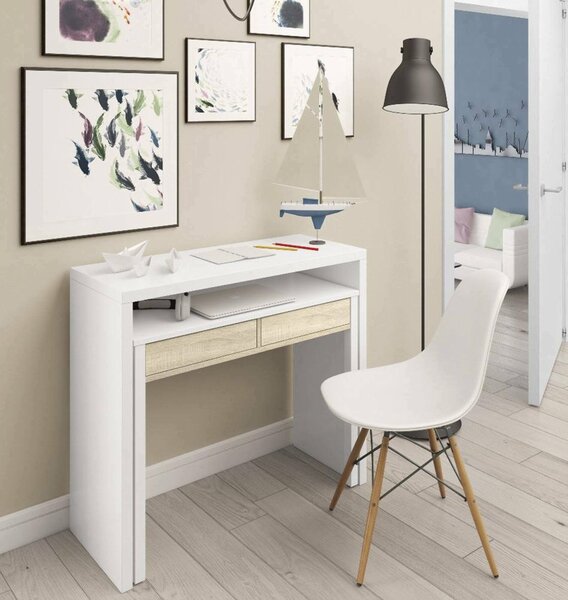 Scrivania salvaspazio bianca e rovere 98x36cm con 2 cassetti - Andriy