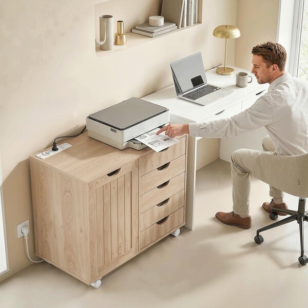 HOMCOM Mobile per Stampante con Stazione di Ricarica e Ruote 5 Cassetti Porte USB Ripiano Regolabile Naturale | Aosom Italy