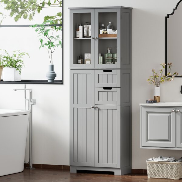 HOMCOM Mobile da bagno alto, mobile contenitore con 4 ante di cui 2 vetrate, 2 cassetti e ripiani regolabili, bianco | Aosom Italy