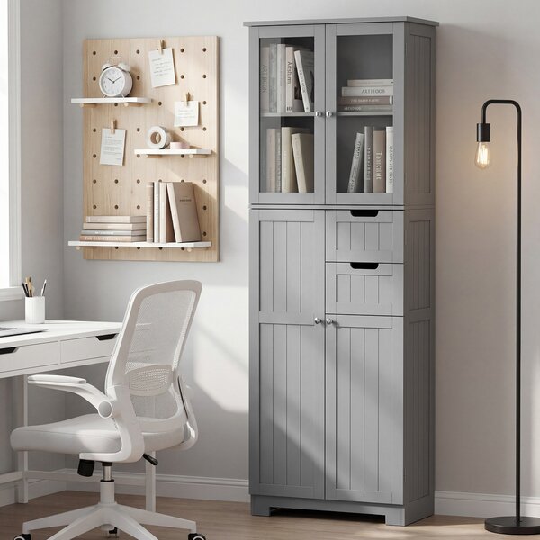 HOMCOM Mobile da bagno alto, mobile contenitore con 4 ante di cui 2 vetrate, 2 cassetti e ripiani regolabili, bianco | Aosom Italy