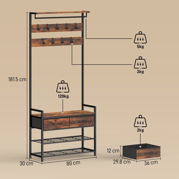 HOMCOM Stand appendiabiti con ganci, panca porta-scarpe, organizer d'ingresso in stile industriale, struttura in acciaio, Marrone rustico | Aosom Italy