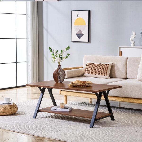 Tavolino MODFU con ripiano contenitore, tavolino da soggiorno con piano di 2 cm, tavolino ausiliario con 2 ripiani, dimensioni 110x57x44,5 cm, noce