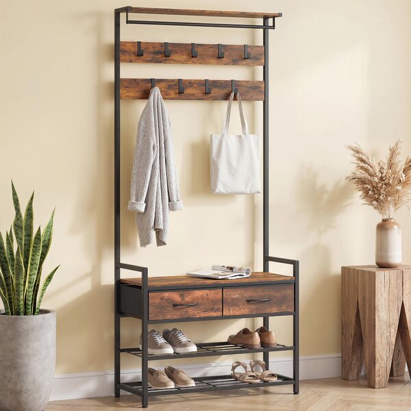 HOMCOM Stand appendiabiti con ganci, panca porta-scarpe, organizer d'ingresso in stile industriale, struttura in acciaio, Marrone rustico | Aosom Italy