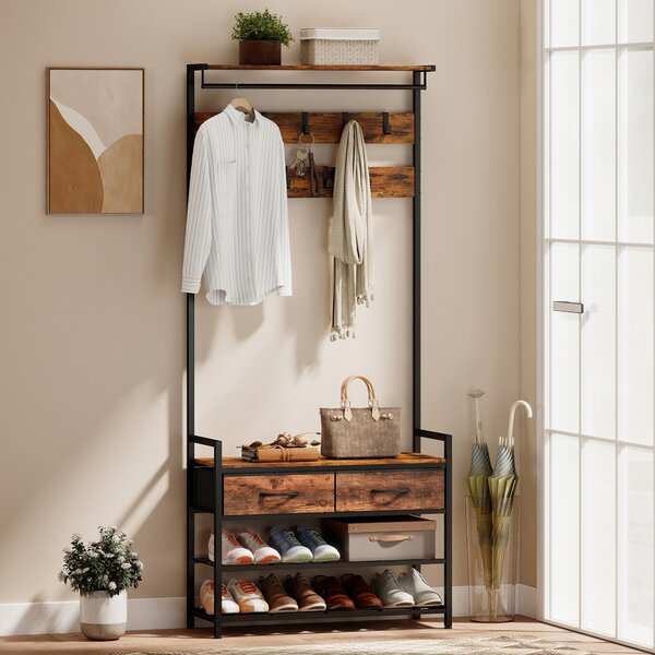 HOMCOM Stand appendiabiti con ganci, panca porta-scarpe, organizer d'ingresso in stile industriale, struttura in acciaio, Marrone rustico | Aosom Italy
