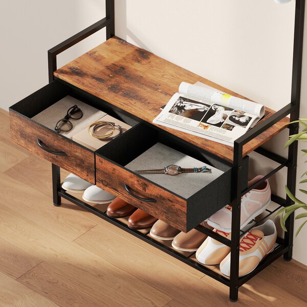HOMCOM Stand appendiabiti con ganci, panca porta-scarpe, organizer d'ingresso in stile industriale, struttura in acciaio, Marrone rustico | Aosom Italy