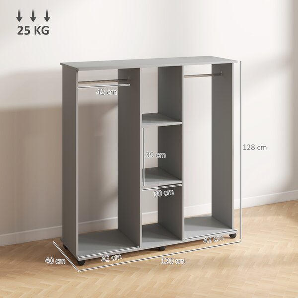 HOMCOM Armadio appendiabiti mobile contenitore 6 ruote 120 x 40 x 128 cm in legno grigio | Aosom Italy