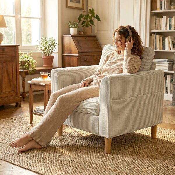 HOMCOM Poltrona da salotto in velluto a coste, poltrona 1 posto imbottita con seduta ampia e cuscino a molle, 83x74x87cm, beige | Aosom Italy