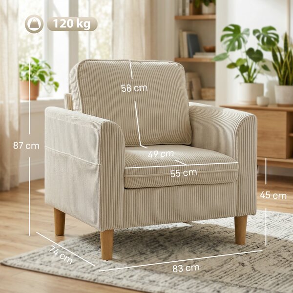 HOMCOM Poltrona da salotto in velluto a coste, poltrona 1 posto imbottita con seduta ampia e cuscino a molle, 83x74x87cm, beige | Aosom Italy