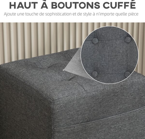 HOMCOM Poggiapiedi da salotto, pouf, seduta imbottita capitoné in tessuto effetto lino con tasca laterale, 35 x 35 x 35 cm, grigio | Aosom Italy