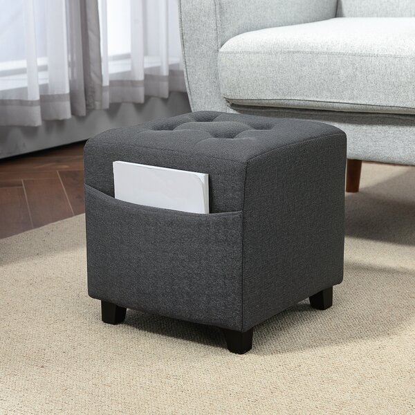HOMCOM Poggiapiedi da salotto, pouf, seduta imbottita capitoné in tessuto effetto lino con tasca laterale, 35 x 35 x 35 cm, grigio | Aosom Italy