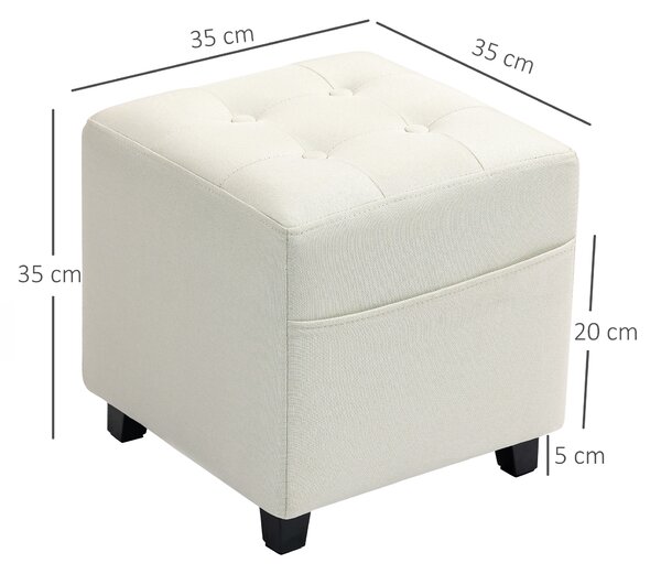 HOMCOM Poggiapiedi per salotto, ottoman, seduta imbottita capitonné in tessuto effetto lino con tasca laterale, 35 x 35 x 35 cm, crema | Aosom Italy