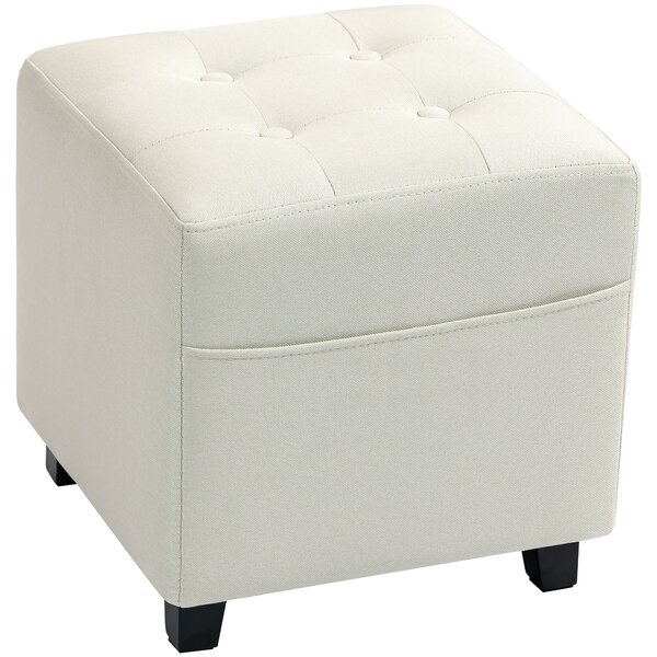 HOMCOM Poggiapiedi per salotto, ottoman, seduta imbottita capitonné in tessuto effetto lino con tasca laterale, 35 x 35 x 35 cm, crema | Aosom Italy