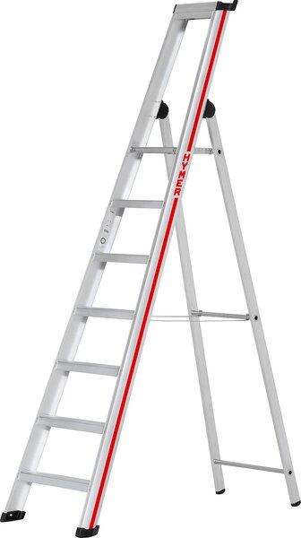 Scala a pioli Hymer con piattaforma, accessibile da un solo lato, 7 gradini, altezza verticale 2,25 m, altezza di lavoro 3,60 m, peso 9,4 kg