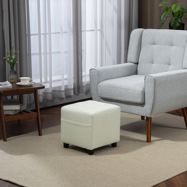 HOMCOM Poggiapiedi per salotto, ottoman, seduta imbottita capitonné in tessuto effetto lino con tasca laterale, 35 x 35 x 35 cm, crema | Aosom Italy