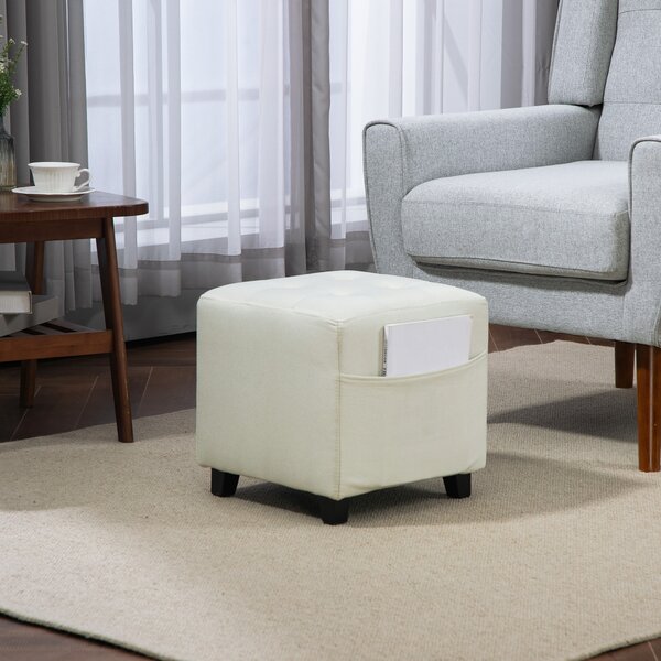 HOMCOM Poggiapiedi per salotto, ottoman, seduta imbottita capitonné in tessuto effetto lino con tasca laterale, 35 x 35 x 35 cm, crema | Aosom Italy
