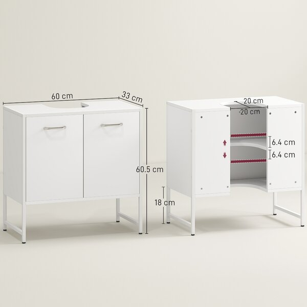 HOMCOM Mobile sotto lavabo, mobile bagno con 2 ante a chiusura soft e ripiano regolabile, bianco | Aosom Italy