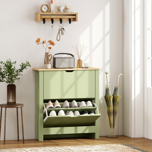 HOMCOM Scarpiera 12 paia, mobile porta scarpe stretto con 2 cassetti ribaltabili e ripiani regolabili, verde | Aosom Italy