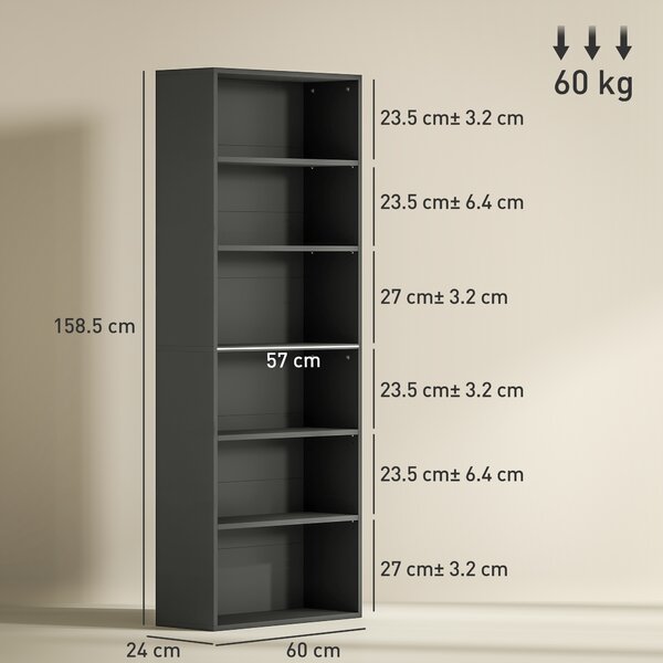 HOMCOM Libreria scaffale contenitore 6 livelli con mensole regolabili per soggiorno, camera, ufficio, 60x24x158,5cm, nero | Aosom Italy
