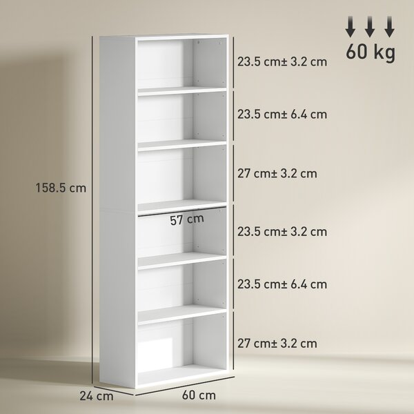 HOMCOM Libreria a 6 ripiani con ripiani regolabili per soggiorno, camera, ufficio, 60x24x158,5cm, bianco | Aosom Italy