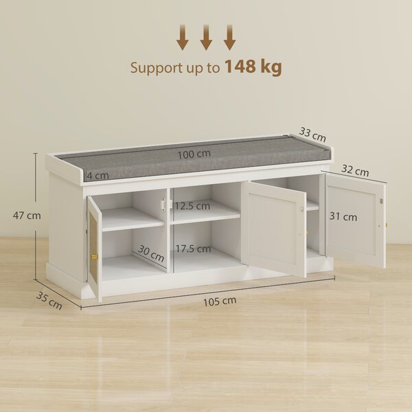 HOMCOM Panca portascarpe ingresso 9 paia, panca contenitore, 3 ante in rattan, cuscino e ripiano regolabile, 105x35x47cm, bianco | Aosom Italy