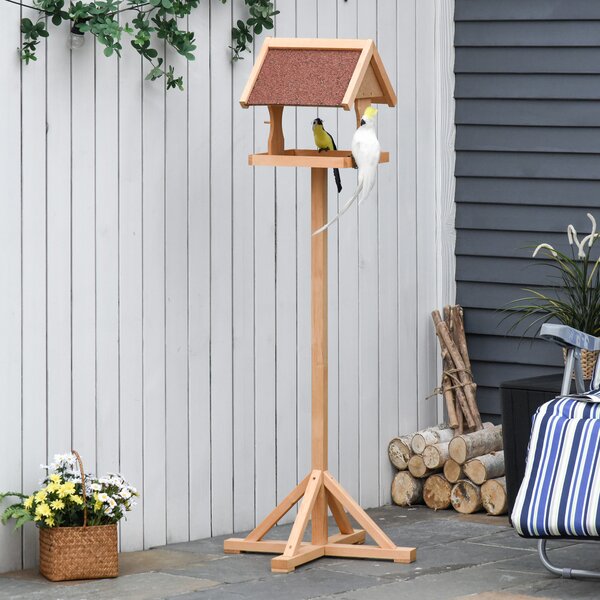 PawHut Mangiatoia per uccelli da esterno su piedistallo, tetto resistente alle intemperie, legno massello, 55 x 55 x 144 cm, legno naturale | Aosom Italy