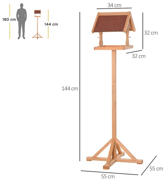 PawHut Mangiatoia per uccelli da esterno su piedistallo, tetto resistente alle intemperie, legno massello, 55 x 55 x 144 cm, legno naturale | Aosom Italy