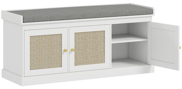 HOMCOM Panca portascarpe ingresso 9 paia, panca contenitore, 3 ante in rattan, cuscino e ripiano regolabile, 105x35x47cm, bianco | Aosom Italy
