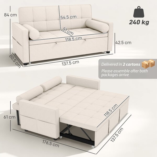 HOMCOM Divano letto 2 posti 3 in 1 divano-letto con letto estraibile doppio schienale regolabile 2 cuscini 80,5x137,5x84cm beige | Aosom Italy