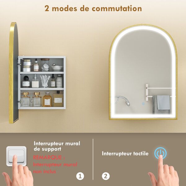 HOMCOM Armadio da parete bagno con specchio e illuminazione LED, porta ad arco, antiappannamento, 50x14,5x70cm, oro | Aosom Italy