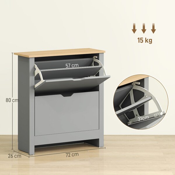 HOMCOM Scarpiera 12 paia, armadio porta scarpe stretto con 2 cassetti ribaltabili e ripiani regolabili, grigio chiaro | Aosom Italy