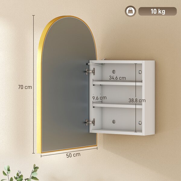 HOMCOM Armadio da parete bagno con specchio e illuminazione LED, porta ad arco, antiappannamento, 50x14,5x70cm, oro | Aosom Italy