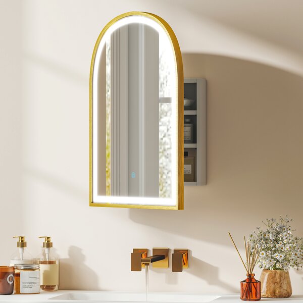 HOMCOM Armadio da parete bagno con specchio e illuminazione LED, porta ad arco, antiappannamento, 50x14,5x70cm, oro | Aosom Italy