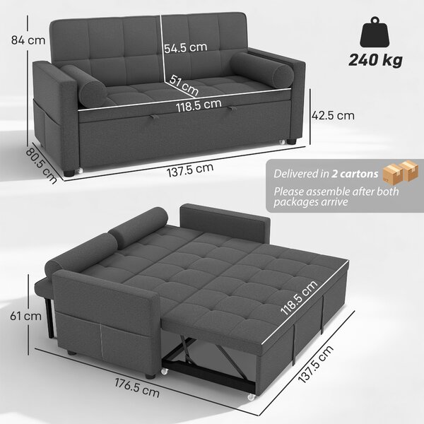 HOMCOM Divano letto 2 posti 3 in 1 divano-letto con letto estraibile doppio schienale regolabile 2 cuscini 80,5x137,5x84cm grigio | Aosom Italy