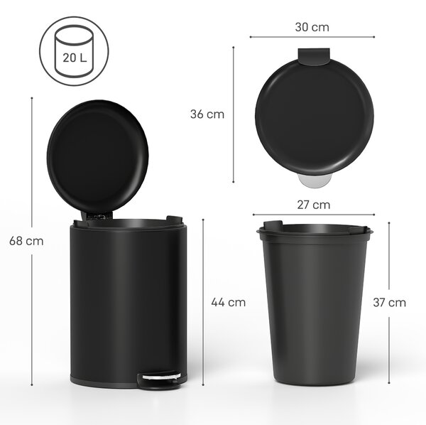 HOMCOM Cestino da cucina 20 L, pattumiera metallica resistente alle impronte con coperchio soft-close, pedale a piede e secchio estraibile, Nero | Aosom Italy