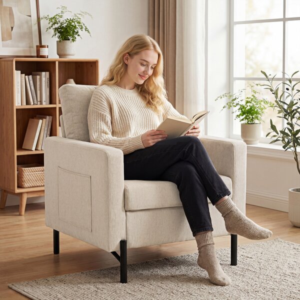 HOMCOM Poltrona da salotto, divano 1 posto imbottito con braccioli, seduta ampia e piedi in acciaio, 73 x 77 x 87 cm, beige | Aosom Italy