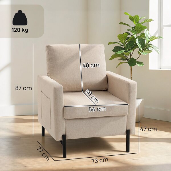 HOMCOM Poltrona da salotto, divano 1 posto imbottito con braccioli, seduta ampia e piedi in acciaio, 73 x 77 x 87 cm, beige | Aosom Italy