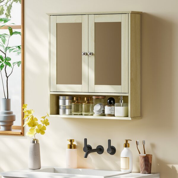 Kleankin Armadietto da parete per bagno con specchio, 56 x 13 x 58 cm, mobile bagno con ante a specchio doppie Legno Naturale | Aosom Italy
