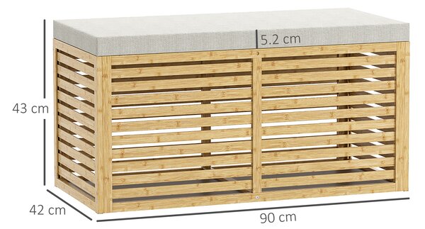 HOMCOM Panca contenitore imbottita in tessuto effetto lino, coperchio e struttura in bambù, grigio e naturale | Aosom Italy