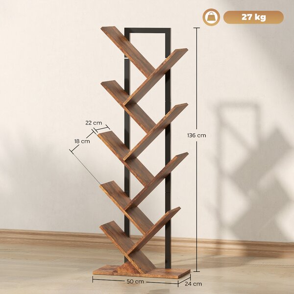 HOMCOM Libreria ad albero a 9 livelli, Mobile contenitore stile industriale con telaio in acciaio, 50x24x136cm, Marrone Rustico | Aosom Italy