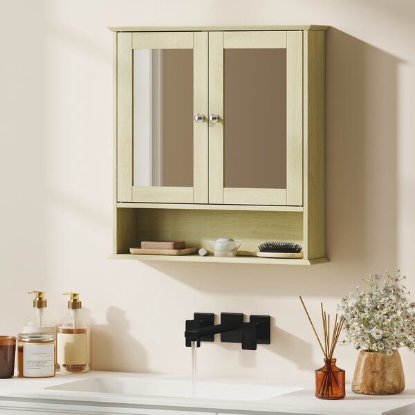Kleankin Armadietto da parete per bagno con specchio, 56 x 13 x 58 cm, mobile bagno con ante a specchio doppie Legno Naturale | Aosom Italy