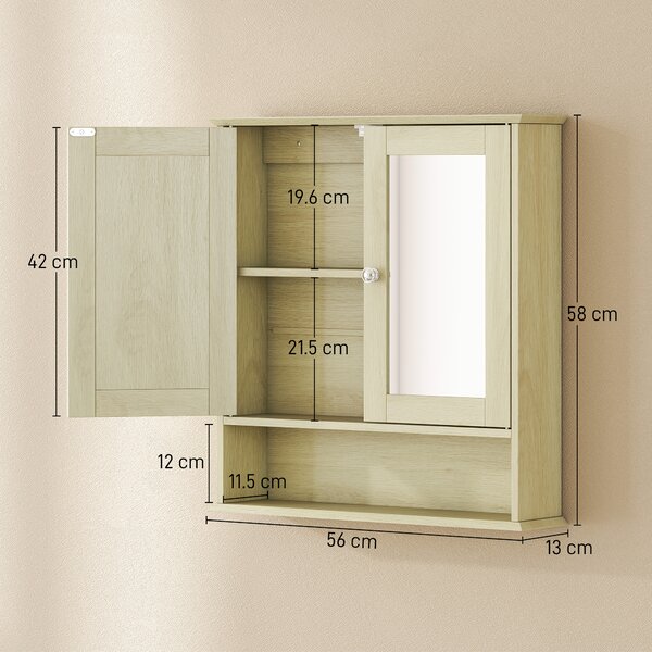 Kleankin Armadietto da parete per bagno con specchio, 56 x 13 x 58 cm, mobile bagno con ante a specchio doppie Legno Naturale | Aosom Italy