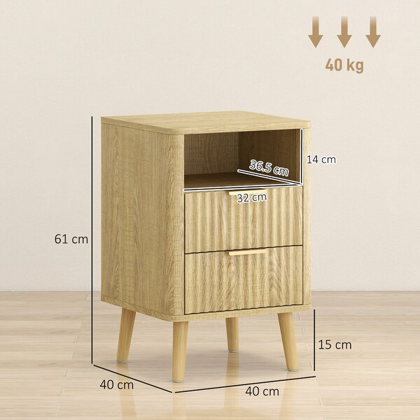 HOMCOM Set da 2 comodini, comodini con 2 cassetti e vano aperto, angoli arrotondati, 40 x 40 x 61 cm, rovere | Aosom Italy