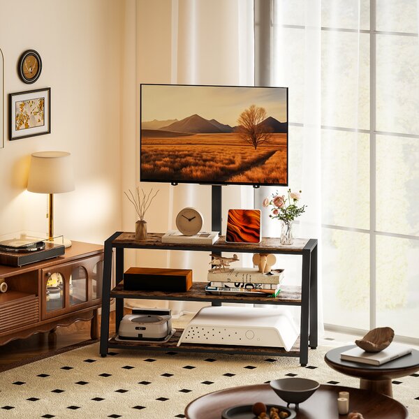 HOMCOM Mobile TV con supporto per televisori da 32-70 pollici, ripiani aperti, angolo regolabile 35°, 108x41x135cm, marrone | Aosom Italy