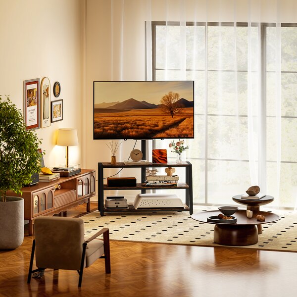 HOMCOM Mobile TV con supporto per televisori da 32-70 pollici, ripiani aperti, angolo regolabile 35°, 108x41x135cm, marrone | Aosom Italy