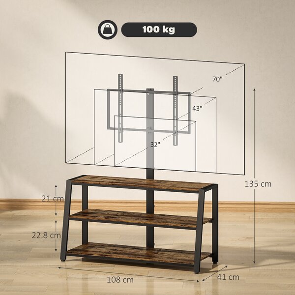 HOMCOM Mobile TV con supporto per televisori da 32-70 pollici, ripiani aperti, angolo regolabile 35°, 108x41x135cm, marrone | Aosom Italy