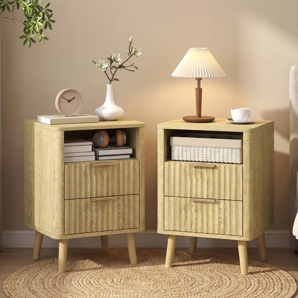 HOMCOM Set da 2 comodini, comodini con 2 cassetti e vano aperto, angoli arrotondati, 40 x 40 x 61 cm, rovere | Aosom Italy