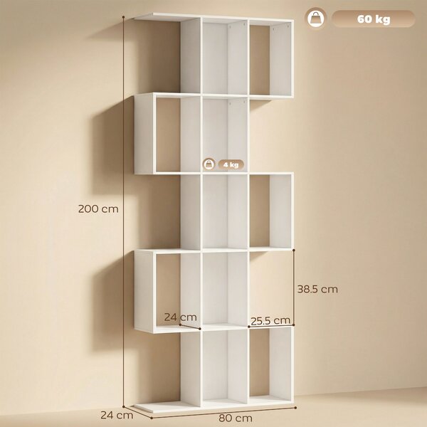 HOMCOM Libreria a Forma di S a 5 Livelli per Soggiorno Camera Studio Ufficio 80x24x200 cm Bianco | Aosom Italy