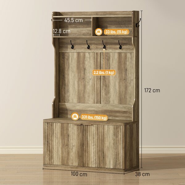 HOMCOM Scarpiera Appendiabiti 4 in 1 Appendiabiti Moderno con Ripiano Aperto per Corridoio Ingresso Camera da Letto 100x38x172 cm Rovere | Aosom Italy