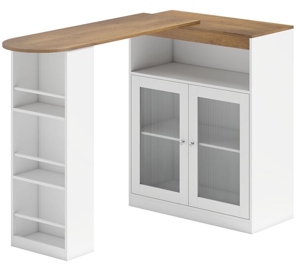 HOMCOM Tavolo da Bar Estensibile e Girevole 90° con Ripiani Aperti e 2 Ante in Vetro 150x80x105,5 cm Bianco e Legno Naturale | Aosom Italy