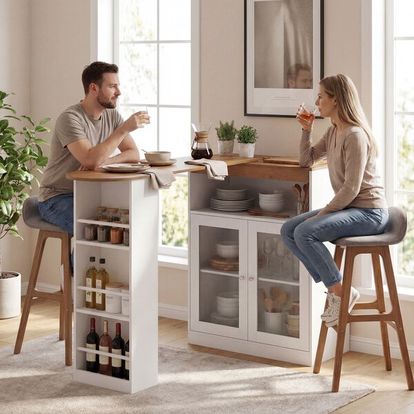 HOMCOM Tavolo da Bar Estensibile e Girevole 90° con Ripiani Aperti e 2 Ante in Vetro 150x80x105,5 cm Bianco e Legno Naturale | Aosom Italy